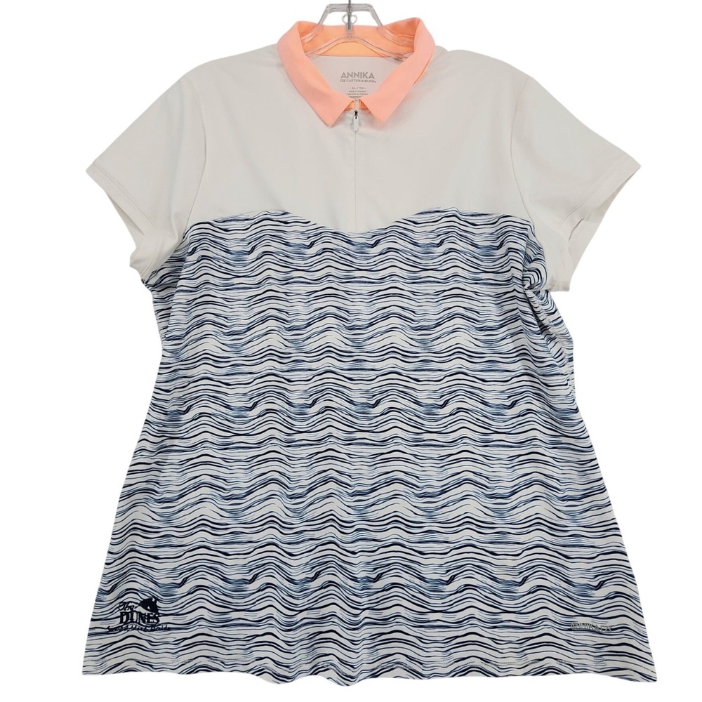 Annika XL White Blue Wave Print Polo Shirt Golf Top Athleisure Coastal Sporty